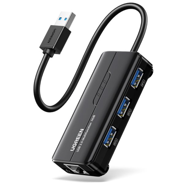 UGreen USB Type-A Male to Ethernet Adapter with 3-Port USB Hub â€“ Black